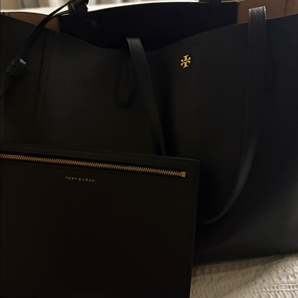 Tory Burch Black Leather Tote with Gold Logo and additional bag